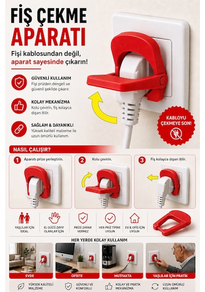 3d Baskı Fiş Çekme Aparatı Kolay Fiş Çıkarma Yardımcısı Ergonomik Priz Aparatı - Kırmızı