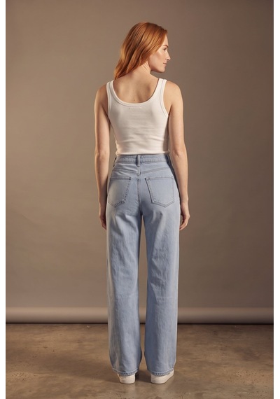 Soulshae Kadın Kot Yüksek Bel Kemerli Geniş Paça Pantolon Mavi