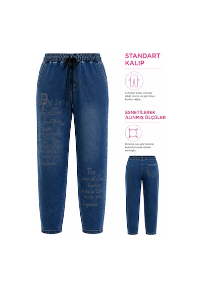 Trieste Büyük Beden Yüksek Bel Taş Yazı İşlemeli Beli Lastikli Bağcıklı Denim Kadın Pantolon Lacivert Trieste Büyük Beden Yüksek Bel Taş Yazı İşlemeli Beli Lastikli Bağcıklı Denim Kadın Pantolon Lacivert