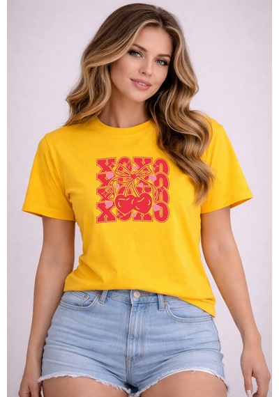 Herkesemoda Baskı Detaylı Basic T-shirt Sarı