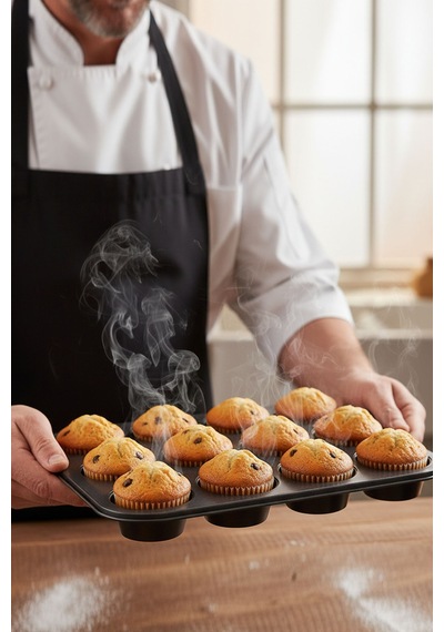 12 Gözlü Muffin Kek Kalıbı Paslanmaz Siyah Portatif Tasarım Kek Kalıbı Siyah