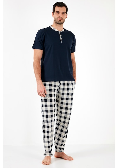 Buratti Ekoseli Pamuklu Regular Fit Kısa Kollu Erkek Pijama Takımı 60961007 Lacivert-Beyaz