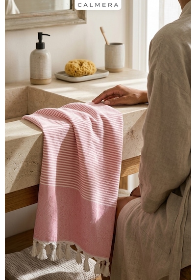 Calmera Çizgili Peştemal Pamuk - Doğal Saçaklı Plaj, Deniz, Havuz, Spa, Sauna, Spor, Seyahat Havlu - Pembe