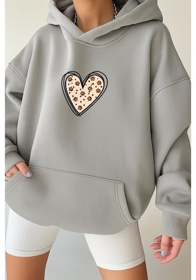 Benroma 3 İplik Penye Kalp Unisex Kapüşonlu Sweat Gri