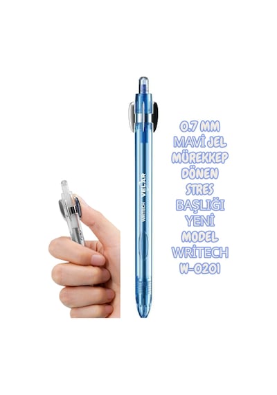 0.7 Mm Mavi Jel Mürekkep Dönen Stres Başlığı Yeni Model Writech W-0201 Şeffaf Mavi Çok Renkli