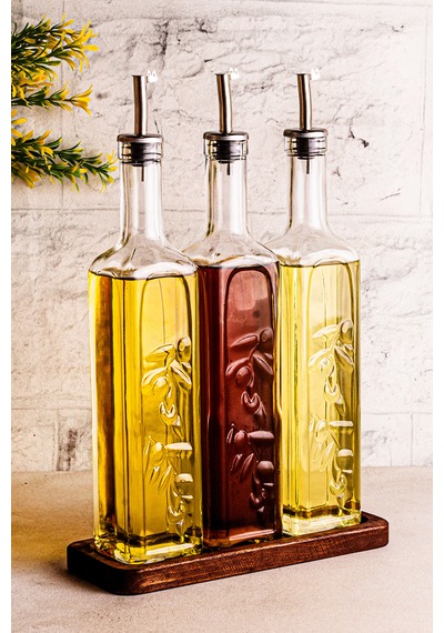 Snippy Safir - Ahşap Standlı 3'lü Cam Damlatmaz Yağlık Sirkelik Zeytinyağı Sıvıyağ Şişesi Yağlık 500ml Ahşap