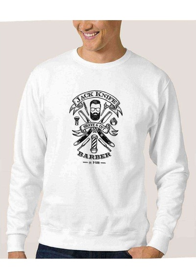 Jack Knife Barber Shop Design Oscar Baskılı Beyaz Erkek Sweat (528423948)