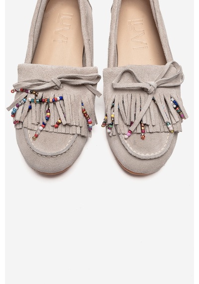 Luvishoes Evelyn Bej Süet Hakiki Deri Püsküllü Boncuklu Kadın Loafer Ayakkabı