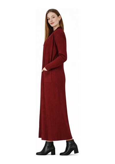 Onno Style Women Standart Beden Uzun Triko Fitilli Kadın Ceket Bordo