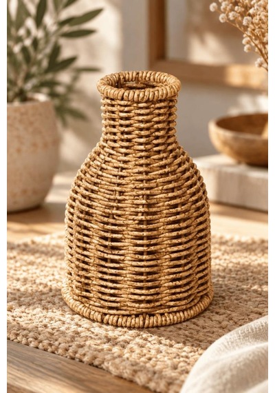 Atbyhome Doğal Hasır Rattan Çiçek Vazosu 16 Cm - Masa Üstü Dekoratif El Örgüsü Küçük Kuru Çiçeklik Vazo Kahverengi