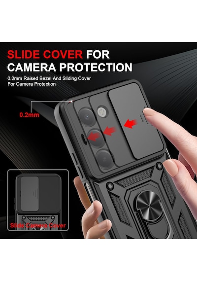 Xiaomi Redmi 15 Kılıf Kamera Korumalı Sürgülü Dönebilen Yüzüklü Armor Military Tank Kızaklı Kapak Siyah