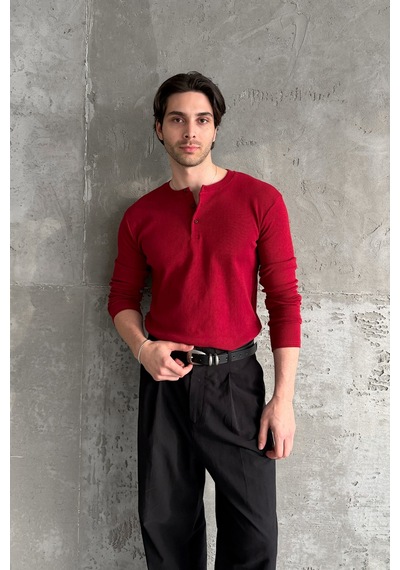 Erkek Henley Yaka Düğmeli Penye Bluz Kırmızı