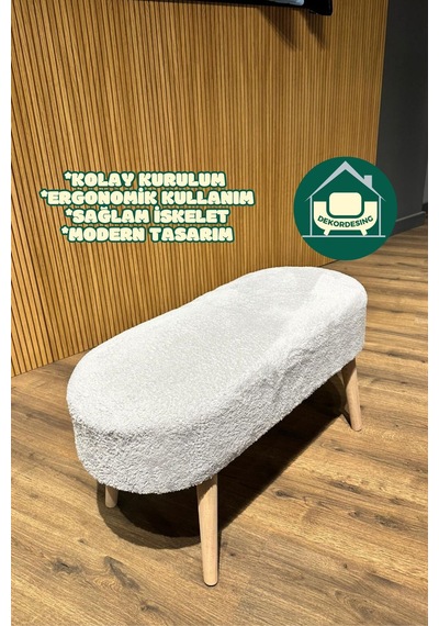 Paris Retro Ahşap Ayaklı Geniş Oturum Alanlı Oval Bench Puf Gri