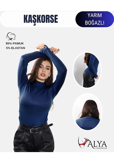 Alya Underwear Kaşkorse Yarım Boğaz Body Sweatshirt, Fitilli Kumaş, Likralı, Bordo Lacivert