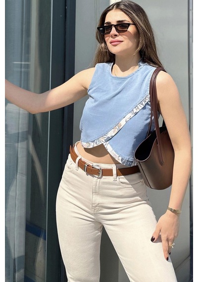 WeShaya Kadın Mavi Önü Çapraz Katlı, Kolsuz, Yuvarlak Yaka, Crop Kot Bluz Mavi