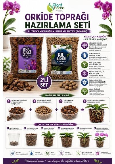 Orkide Toprağı Hazırlama Seti 2'li 1 Litre İthal Çam Kabuğu + 1 Litre Kil Bilyesi 8-16 Mm Orkide Dikim Ve Saksı Değişim Seti Ürün Açıklaması Diğer