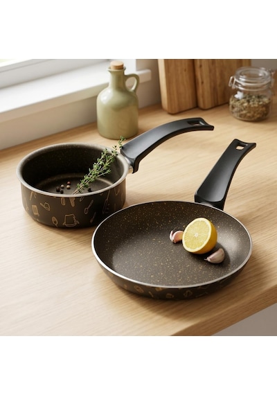 Master 2'li Ekonomik Set: 12 Cm Sosluk & 20 Cm Tava - Mutfak Desenli Gold Mastik Yanmaz Yapışmaz Set Diğer