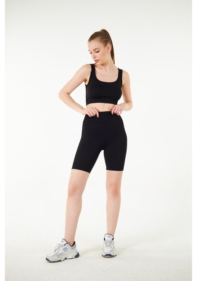Thiff Gymwear Antrasit Yüksek Bel Toparlayıcı Kısa Şort Spor Fitilli Biker Tayt Siyah