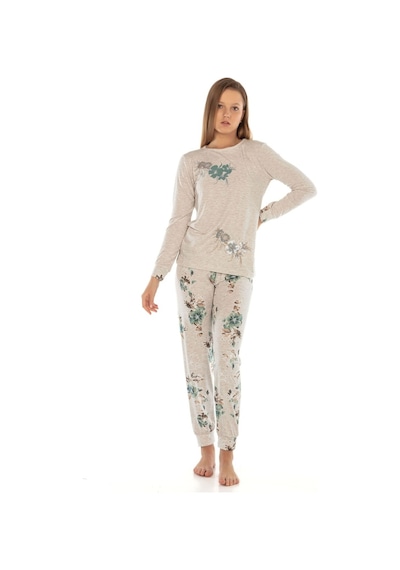 Vishenka Kadın Kahve Melanj Viskon Likralı Baskılı Pijama Takımı Beyaz