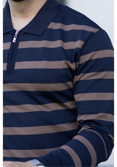 Hk Premium Kazak Fermuarlı Polo Yaka Çizgili Triko Sweatshirt Lacivert