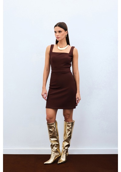 Sateen Kare Yaka Crop Bluz - Kahve