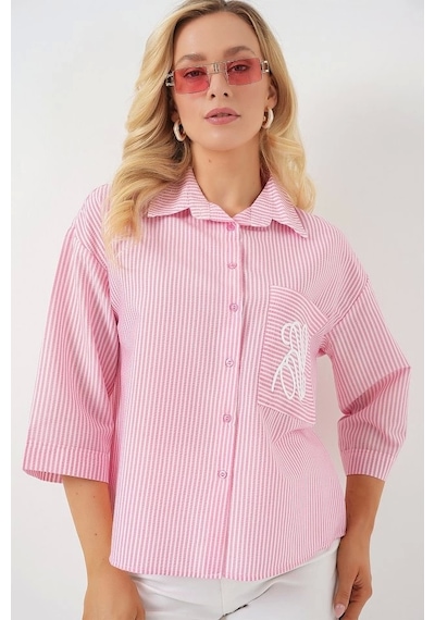 Defymoda Tek Cep Nakışlı Gömlek 20328 - Pembe Pembe