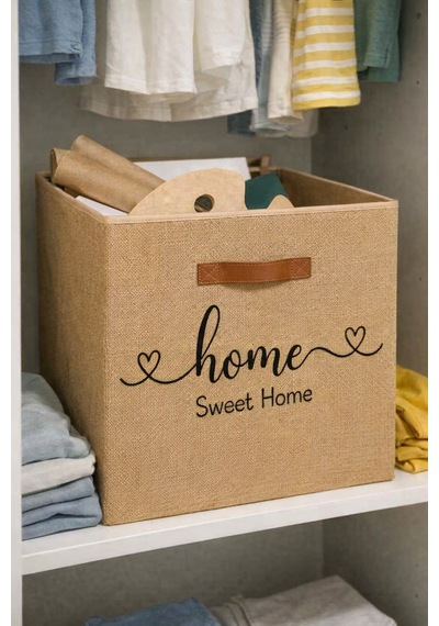 Jasper Jüt Home Sweet Home Baskılı Yazılı Dolap İçi Çamaşır Oyuncak Düzenleyici Baskılı Yazılı Katlanır Saklama Kutusu O Bej