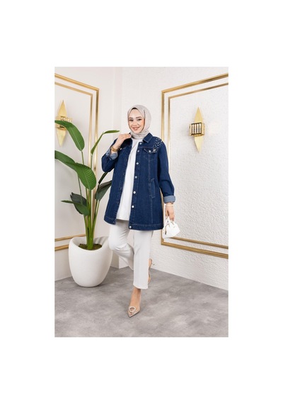 Harman Butik Kadın Boncuk İşlemeli Denim Kot Ceket Lacivert Lacivert