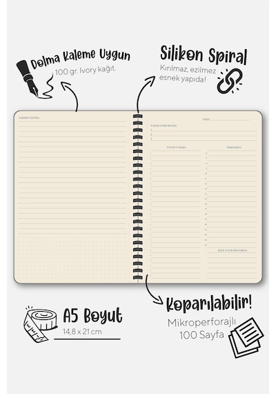 Sylcon Spiralli Defter Focus . Pp.100 Gr. Ivory,a5 Siyah Siyah1