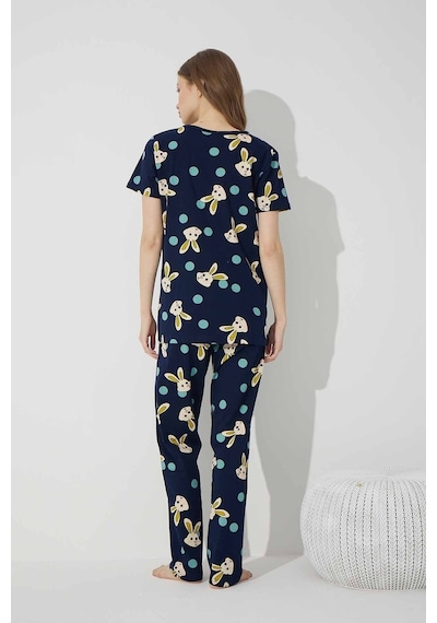 Siyah İnci Pamuklu Likralı Pijama Takım 7624 Lacivert
