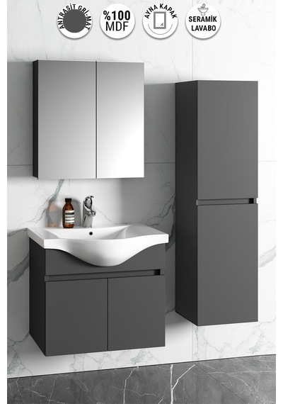 Yıldız 55+35 Cm Antrasit Gri Mdf Lavabolu Asma Banyo Dolabı Takım Antrasit - Gri