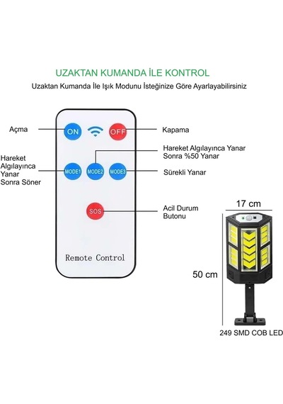 249 Led Güneş Enerjili Solar Lamba Kumandalı 3 Modlu Hareket Sensörlü Dış Mekan Bahçe Aydınlatma