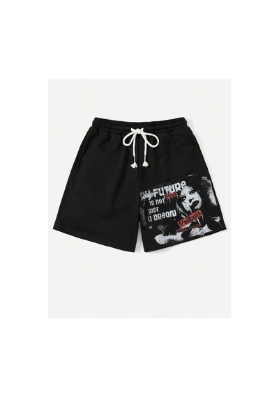 Tarzsokak Coolane Letter Graphic Drawstring Waist Şort Siyah