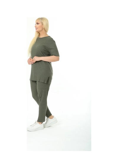 Modasehle Kadın Kısa Kollu Beli Lastikli Yırtmaçlı Rahat Kalıp İkili Pijama Takım Haki