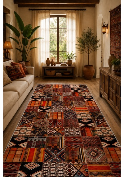 Patchwork Kilim Desenli Bohem Etnik Halı Turuncu Siyah 3046