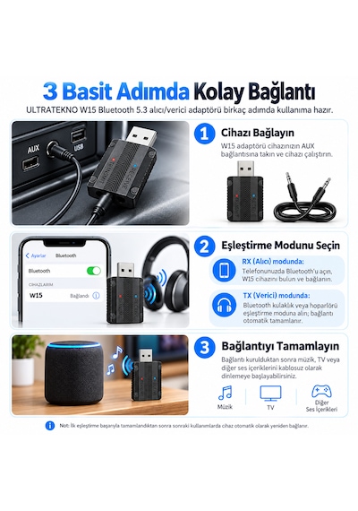 W15 Bluetooth 5.3 2'si 1 Arada Ses Alıcı Verici Rx Tx 3.5mm Aux Usb Adaptör Araç Tv Pc Hoparlör Kulaklık