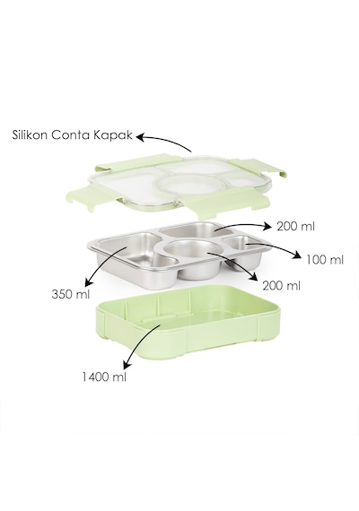 Porsima Bl25239 Isı Yalıtımlı Paslanmaz Çelik Sızdırmaz Silikon Kapak 4 Bölmeli Vakumlu Yemek Termosu Beslenme Kutusu Taşınabilir Lunch Box Sefer Tası Yeşil