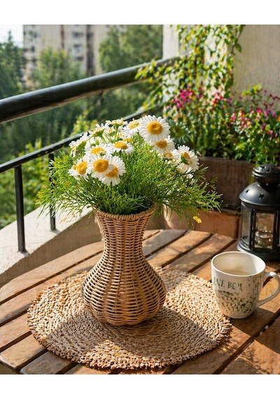 El Yapımı Hasır Vazo Doğal Rattan Dekoratif Saksı Bohem & Modern Ev Dekoru 23 Cm Açık Kahve