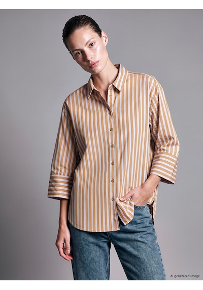 Lcw Studıo Kahverengi Çizgili Oversize Kadın Gömlek