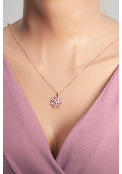 Pembe Zirkon Taşlı Rose Renk 925 Ayar Gümüş Rüzgar Gülü Bayan Kolye - 50 CM
