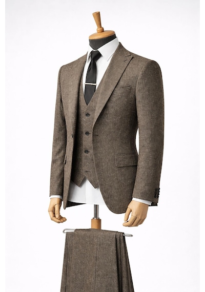 Erkek İtalyan Kesim Slim Fit Yelekli Takım Elbise Kahverengi