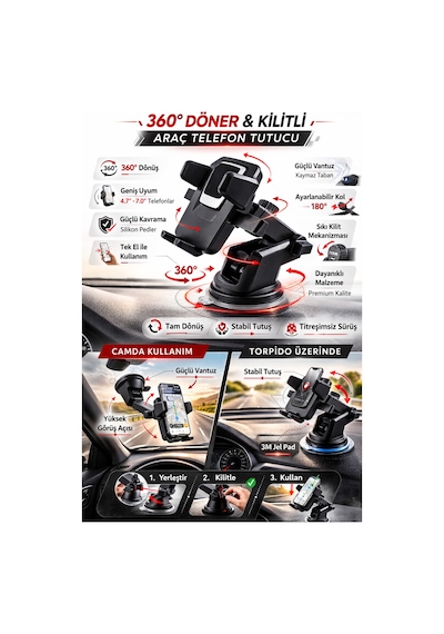 Mega Oto Market 360 Dönebilen Araç İçi Ve Masaüstü Telefon Tutucu Güçlü Vantuzlu Çok Yönlü Oto Telefon Standı