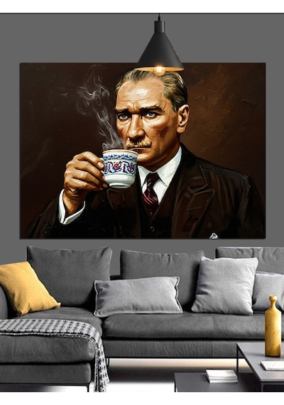 Atatürk Kahve İçiyor Portre Dekoratif Kanvas - Mdf Ahşap Tablo