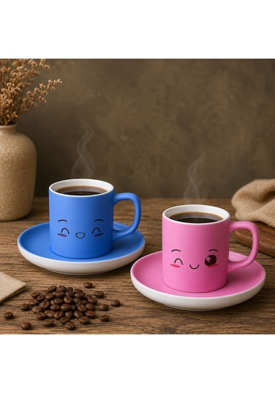Bk Gift 2'li Mavi Ve Pembe Renkli Emoji Yüz Tasarımlı Seramik Türk Kahvesi Fincanı Takımı-6 Çok Renkli