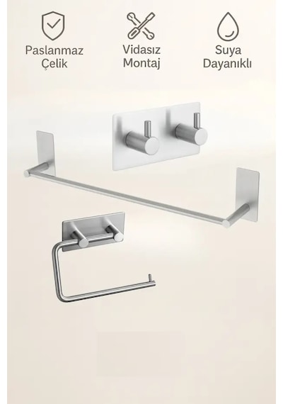 3'lü Set Paslanmaz Çelik Yapışkanlı Havlu Askılığı, Tuvalet Kağıtlığı Ve 2'li Askılık Yapışkanlı Metal
