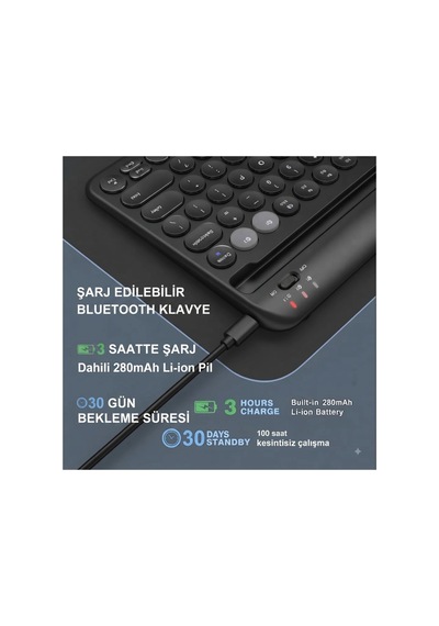 Retro Tasarım Şarjlı Kablosuz Bluetooth Klavye 78 Tuşlu Mini Boy İngilizce