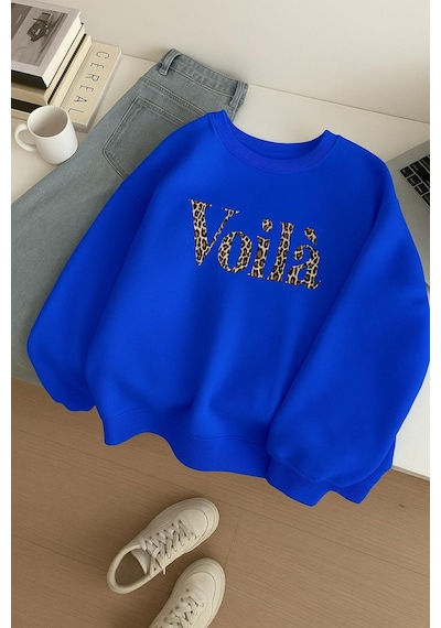 Benroma 3 İplik Penye Voila Baskılı Unisex Sweatshırt Saks Mavisi