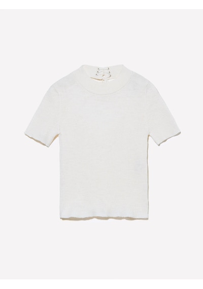 Sisley Keten Karışımlı Slim Fit Kısa Kollu Kazak Kadın Beyaz Kazak - 325p105gm106g Krem