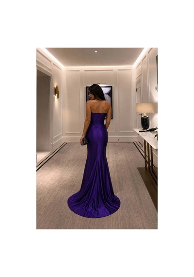 DefyModa Kadın Trend Straplez Yırtmaçlı Abiye Elbise Mor