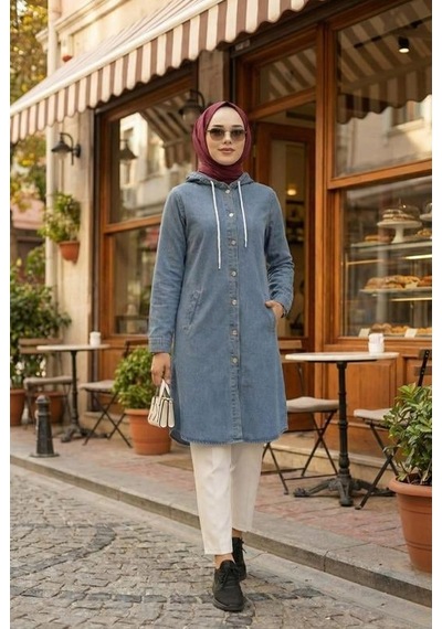 Hb Harma Time Butik Kadın Kapüşonlu, Düğmeli Ve Uzun Kot Mavi Ceket